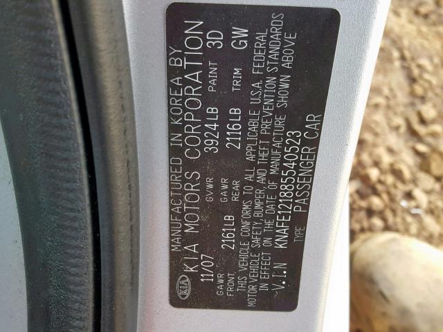 KNAFE121885540523 - 2008 KIA SPECTRA EX SILVER photo 10