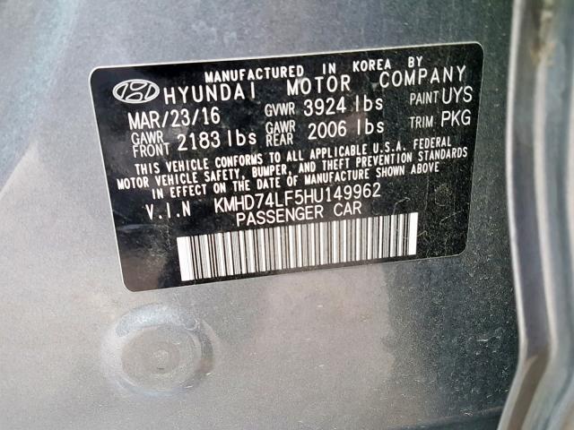 KMHD74LF5HU149962 - 2017 HYUNDAI ELANTRA SE GRAY photo 10