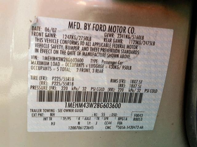 1MEHM43W28G603600 - 2008 MERCURY SABLE PREM SILVER photo 10