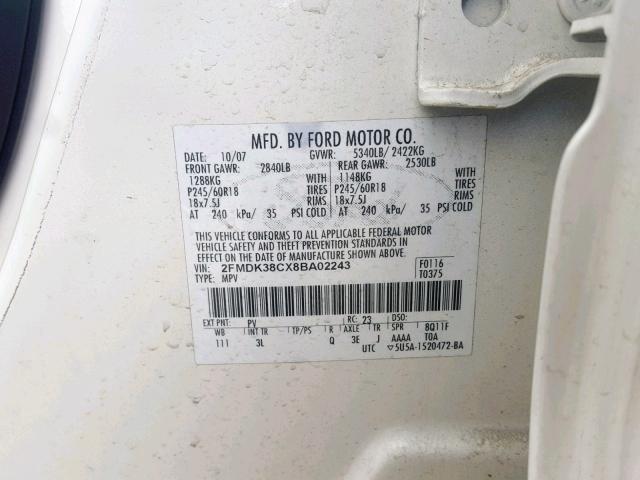 2FMDK38CX8BA02243 - 2008 FORD EDGE SEL CREAM photo 10