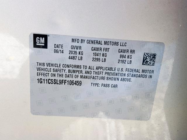 1G11C5SL9FF106459 - 2015 CHEVROLET MALIBU 1LT 金色 照片 10