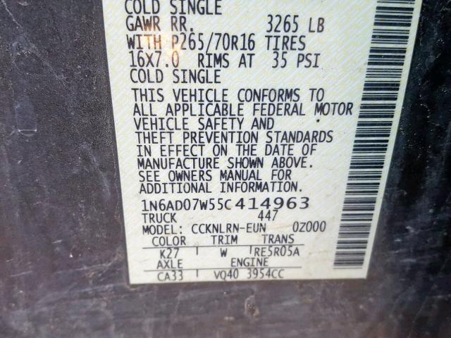 1N6AD07W55C414963 - 2005 NISSAN FRONTIER C GRAY photo 10