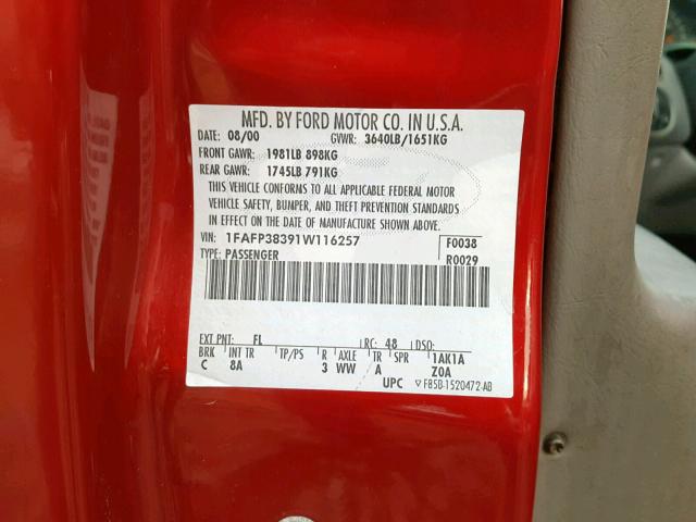 1FAFP38391W116257 - 2001 FORD FOCUS ZTS RED photo 10