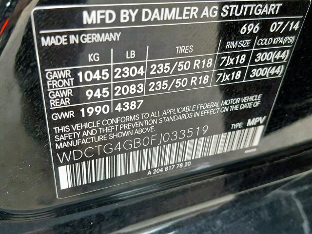 WDCTG4GB0FJ033519 - 2015 MERCEDES-BENZ GLA 250 4M BLACK photo 10