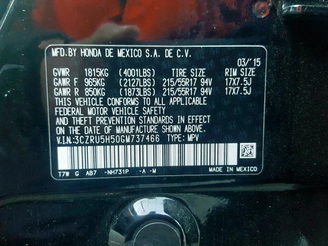 3CZRU5H50GM737466 - 2016 HONDA HR-V EX BLACK photo 10