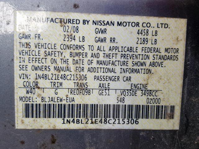 1N4BL21E48C215306 - 2008 NISSAN ALTIMA 3.5 GRAY photo 10