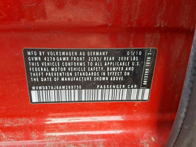 WVWDB7AJ6AW269730 - 2010 VOLKSWAGEN GOLF 红色 照片 10