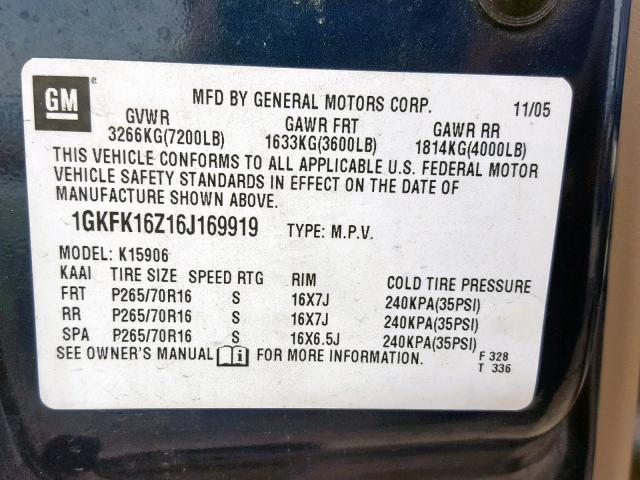 1GKFK16Z16J169919 - 2006 GMC YUKON XL K BLUE photo 10