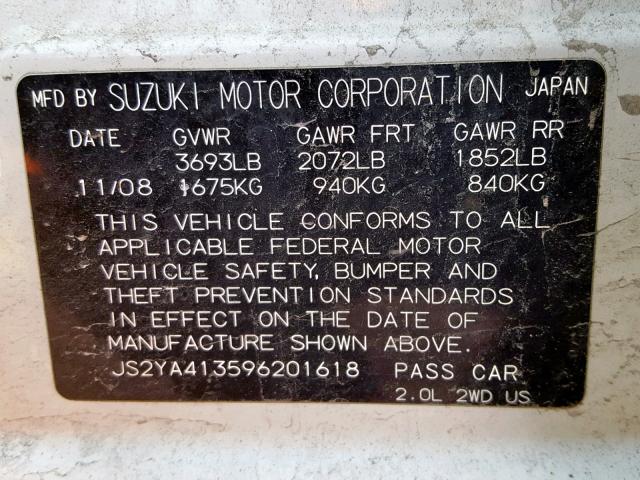 JS2YA413596201618 - 2009 SUZUKI SX4 TECHNO WHITE photo 10