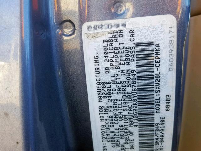 4T1BG22K0YU678049 - 2000 TOYOTA CAMRY CE BLUE photo 10