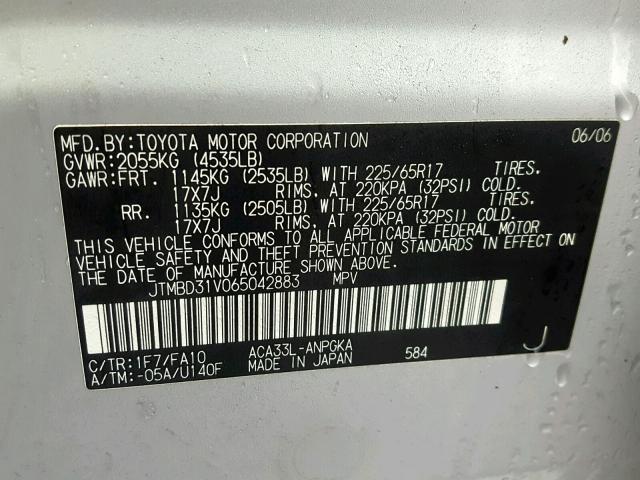 JTMBD31V065042883 - 2006 TOYOTA RAV4 LIMIT SILVER photo 10