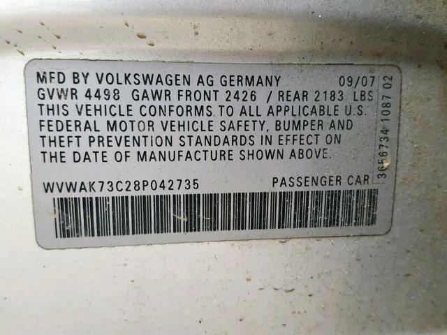 WVWAK73C28P042735 - 2008 VOLKSWAGEN PASSAT KOM SILVER photo 10