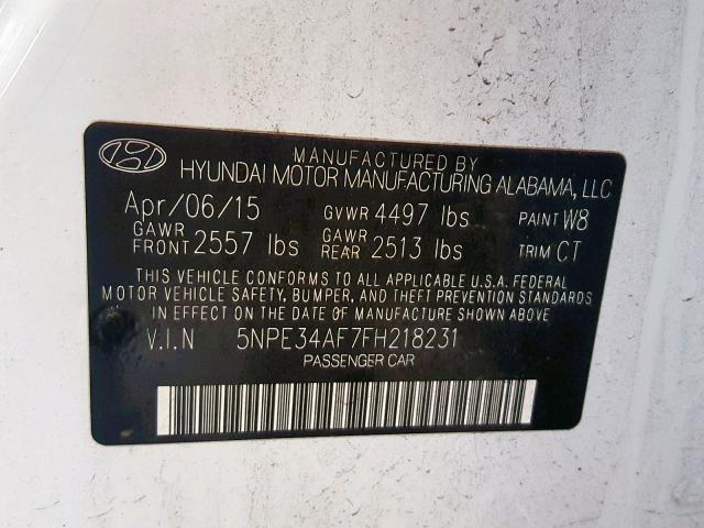 5NPE34AF7FH218231 - 2015 HYUNDAI SONATA SPO WHITE photo 10