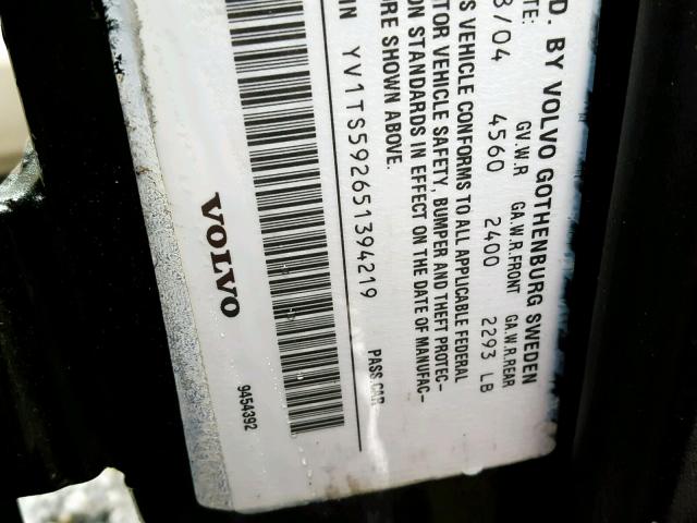 YV1TS592651394219 - 2005 VOLVO S80 2.5T BLACK photo 10