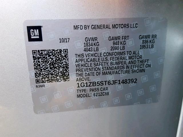 1G1ZB5ST6JF148392 - 2018 CHEVROLET MALIBU LS ვერცხლისფერი ფოტო 10