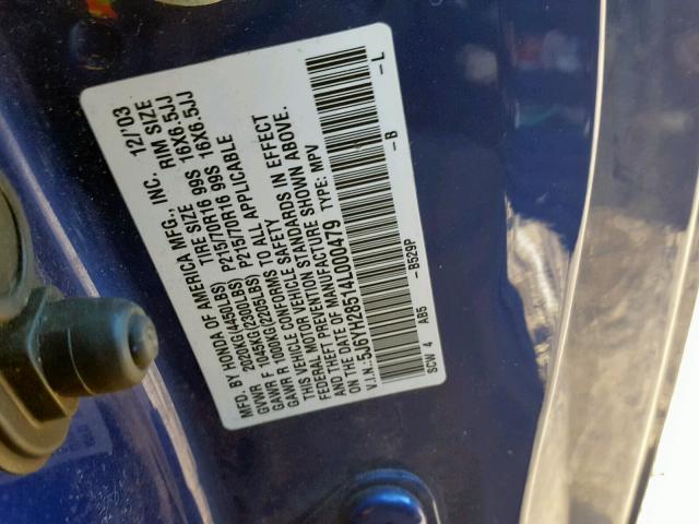 5J6YH28514L000479 - 2004 HONDA ELEMENT EX BLUE photo 10