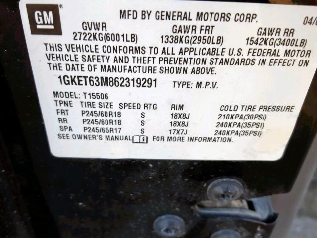 1GKET63M862319291 - 2006 GMC ENVOY DENA BLACK photo 10