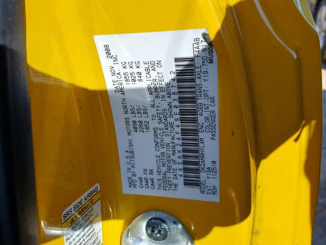 4A3AK24F49E038742 - 2009 MITSUBISHI ECLIPSE GS YELLOW photo 10