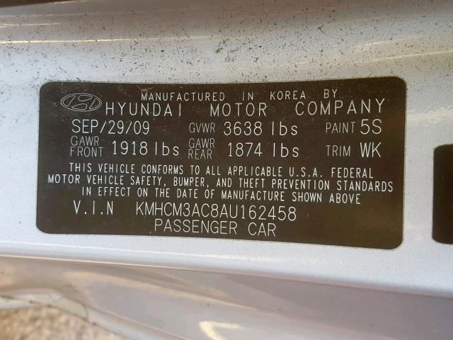 KMHCM3AC8AU162458 - 2010 HYUNDAI ACCENT BLU SILVER photo 10