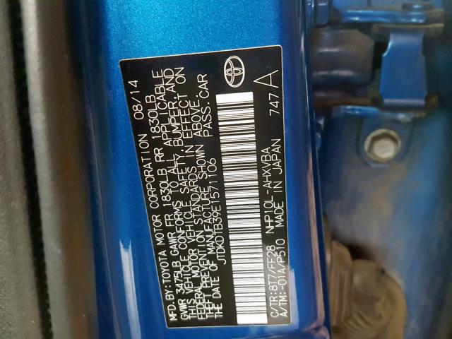 JTDKDTB39E1571106 - 2014 TOYOTA PRIUS C BLUE photo 10