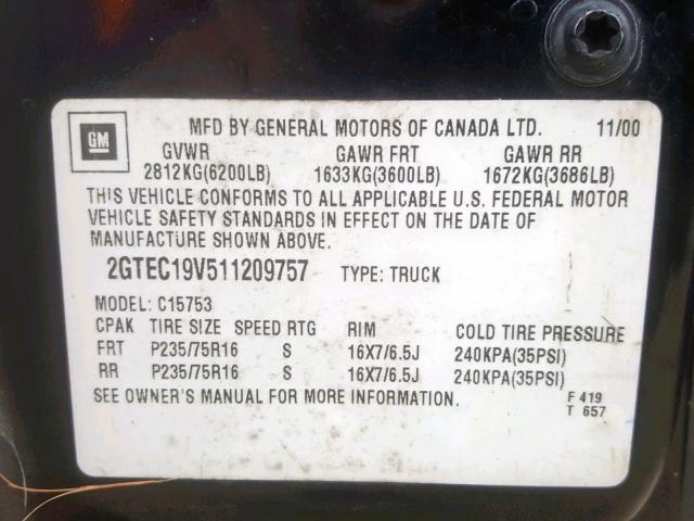 2GTEC19V511209757 - 2001 GMC NEW SIERRA BLACK photo 10