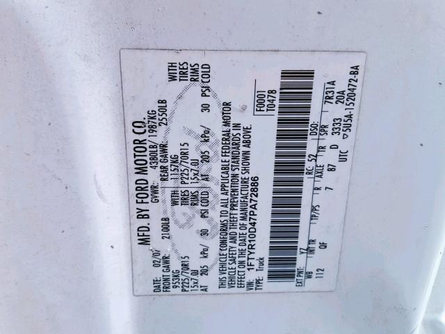 1FTYR10D47PA72886 - 2007 FORD RANGER WHITE photo 10