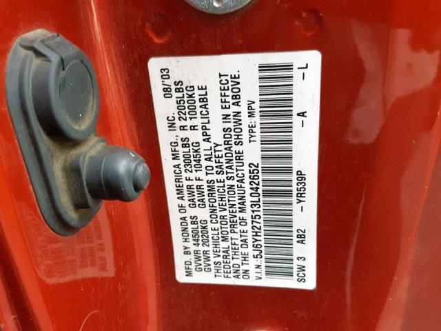 5J6YH27513L042652 - 2003 HONDA ELEMENT EX ORANGE photo 10