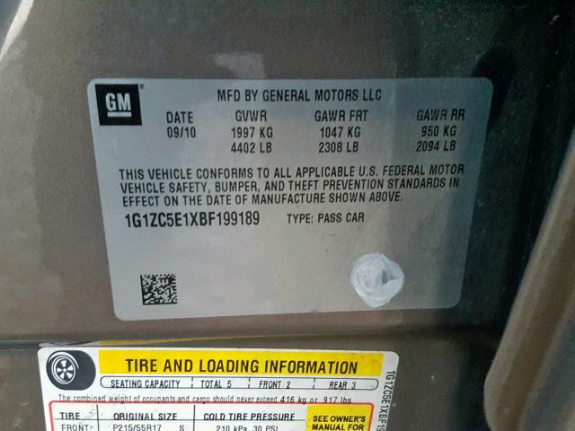 1G1ZC5E1XBF199189 - 2011 CHEVROLET MALIBU 1LT 棕色 照片 10