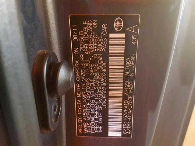 JTKJF5C74C3024080 - 2012 TOYOTA SCION TC ნაცრისფერი ფოტო 10