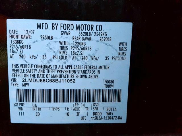 2LMDU88C68BJ11052 - 2008 LINCOLN MKX BLACK photo 10