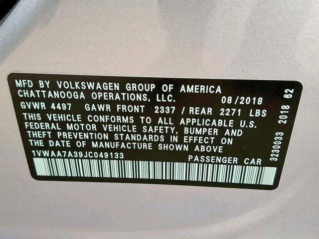 1VWAA7A39JC049133 - 2018 VOLKSWAGEN PASSAT S SILVER photo 10