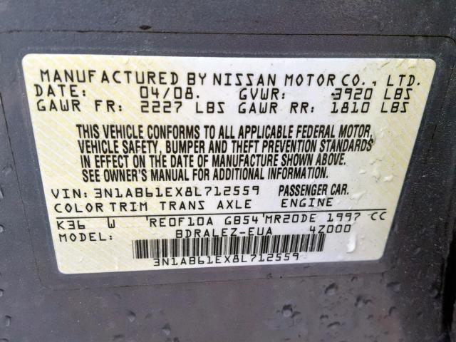 3N1AB61EX8L712559 - 2008 NISSAN SENTRA 2.0 GRAY photo 10