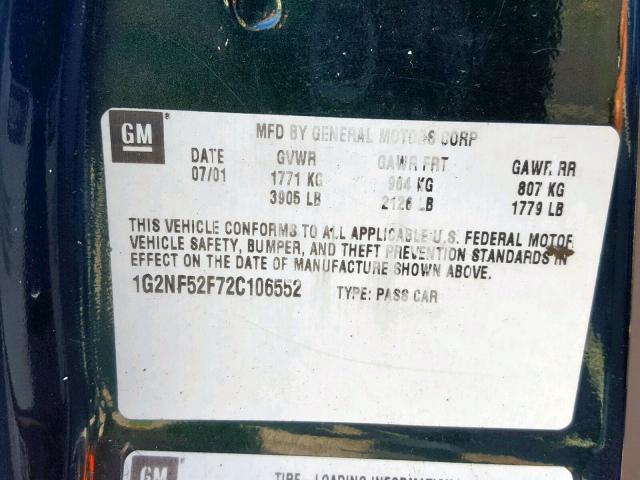 1G2NF52F72C106552 - 2002 PONTIAC GRAND AM S GREEN photo 10