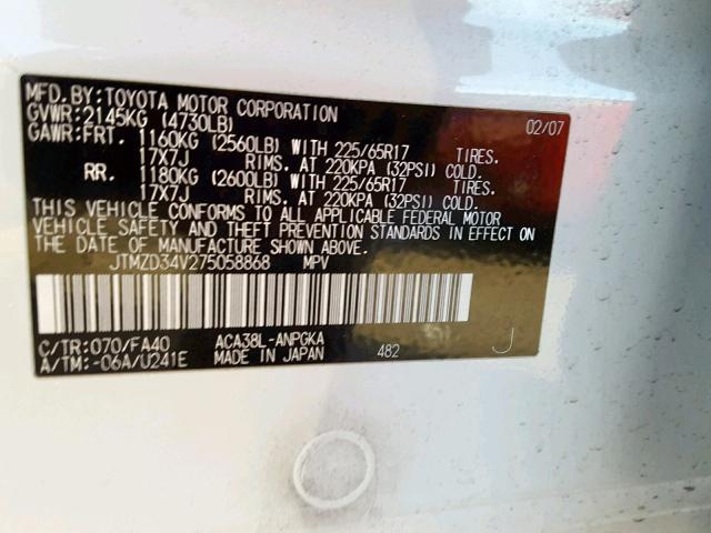 JTMZD34V275058868 - 2007 TOYOTA RAV4 LIMIT WHITE photo 10