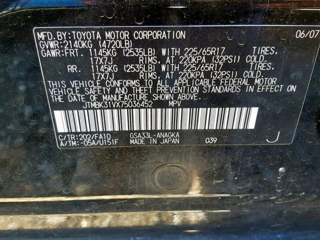 JTMBK31VX75036452 - 2007 TOYOTA RAV4 LIMIT BLACK photo 10