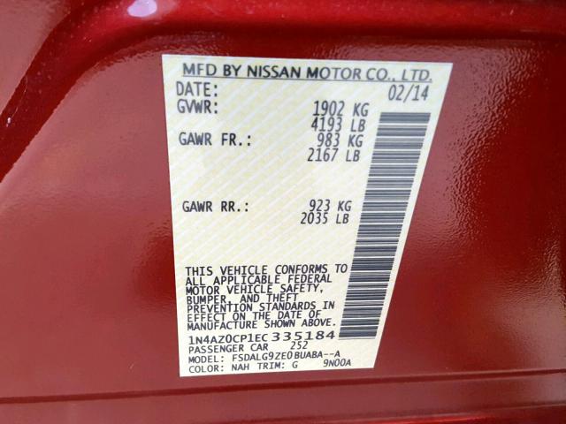 1N4AZ0CP1EC335184 - 2014 NISSAN LEAF S RED photo 10