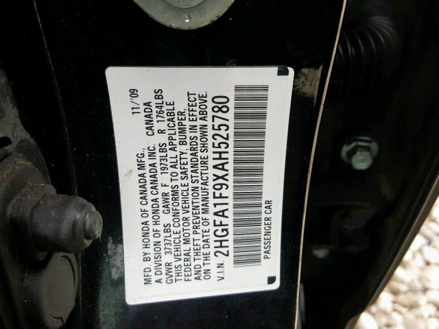 2HGFA1F9XAH525780 - 2010 HONDA CIVIC EXL BLACK photo 10