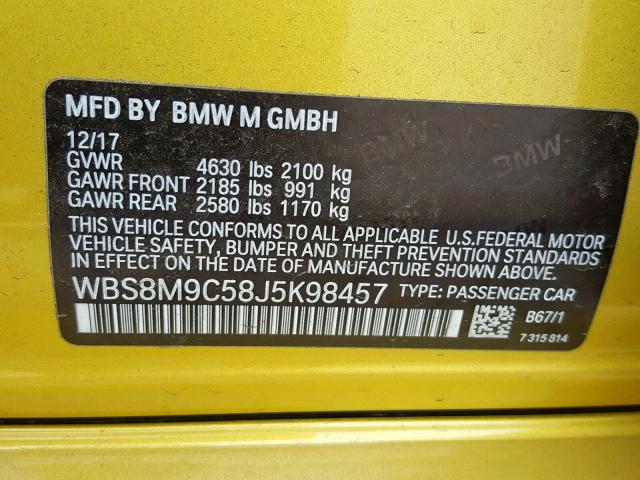 WBS8M9C58J5K98457 - 2018 BMW M3 YELLOW photo 10