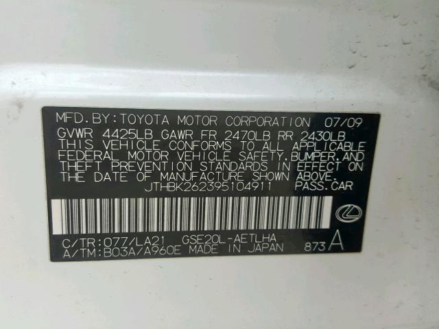 JTHBK262395104911 - 2009 LEXUS IS 250 WHITE photo 10