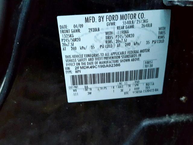 2FMDK49C19BA92386 - 2009 FORD EDGE LIMIT BLACK photo 10