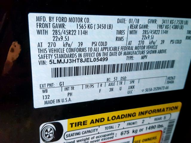 5LMJJ3HT8JEL05499 - 2018 LINCOLN NAVIGATOR BLACK photo 10