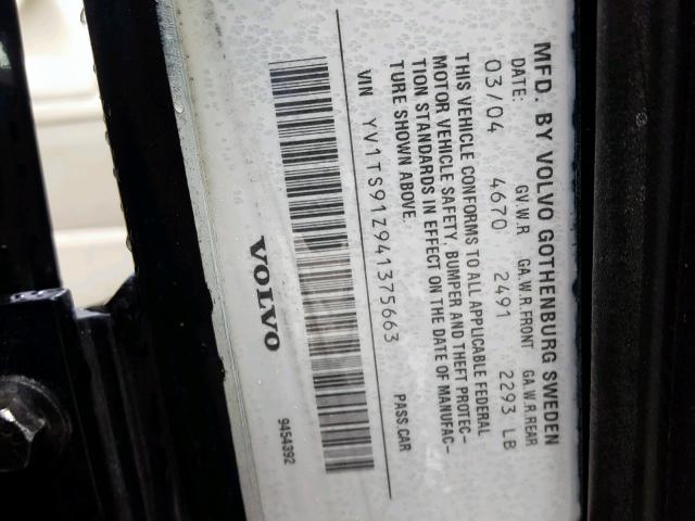 YV1TS91Z941375663 - 2004 VOLVO S80 T6 BLACK photo 10