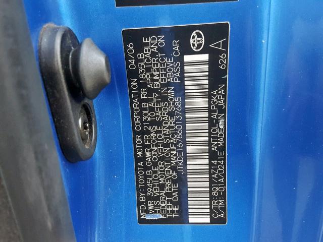 JTKDE167860137685 - 2006 TOYOTA SCION TC 蓝色 照片 10