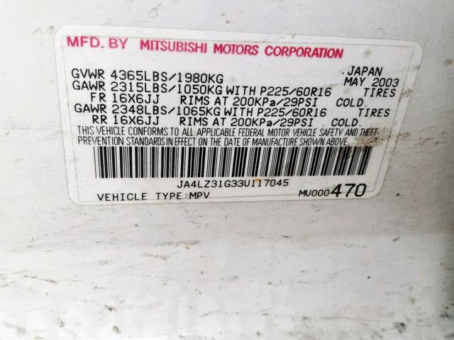 JA4LZ31G33U117045 - 2003 MITSUBISHI OUTLANDER WHITE photo 10