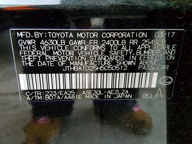 JTHBA1D25H5050512 - 2017 LEXUS IS 200T BLACK photo 10