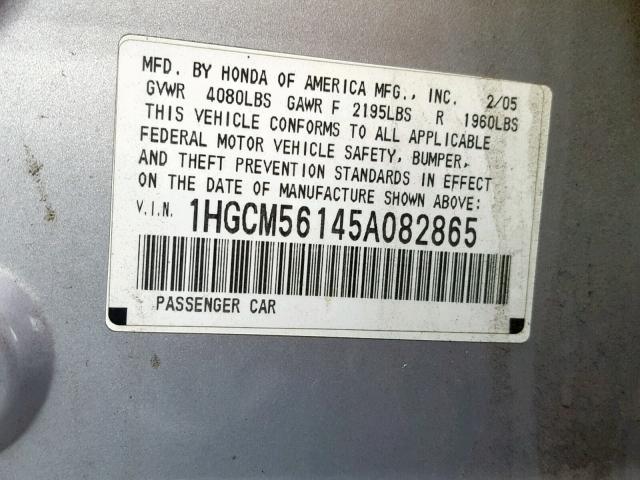 1HGCM56145A082865 - 2005 HONDA ACCORD DX SILVER photo 10