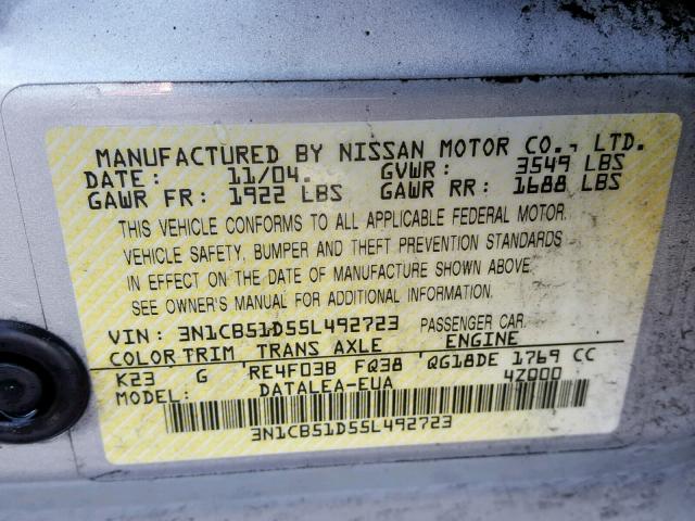 3N1CB51D55L492723 - 2005 NISSAN SENTRA 1.8 SILVER photo 10