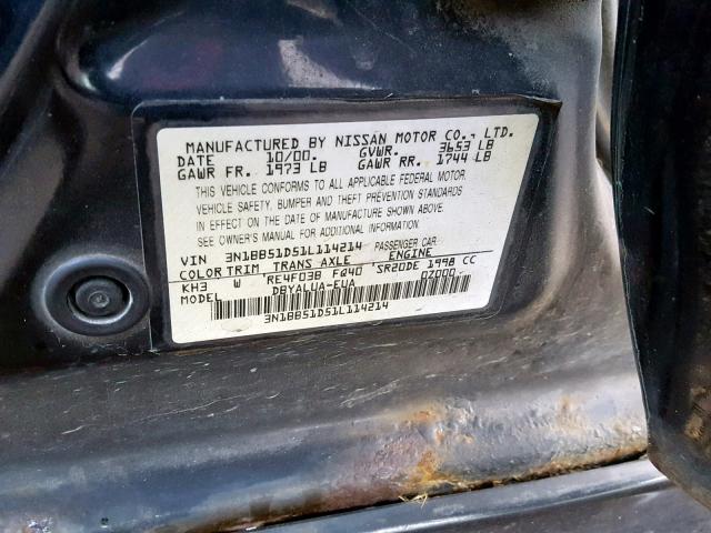 3N1BB51D51L114214 - 2001 NISSAN SENTRA SE BLACK photo 10