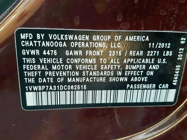 1VWBP7A31DC062515 - 2013 VOLKSWAGEN PASSAT SE MAROON photo 10