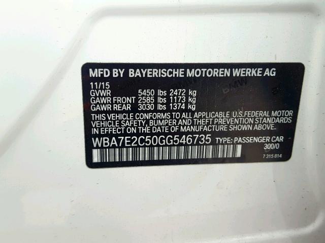 WBA7E2C50GG546735 - 2016 BMW 740 I WHITE photo 10